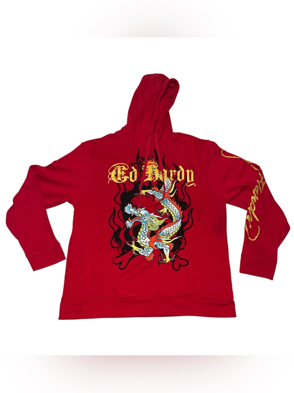 Ed Hardy Red Hoodie Dragon Skull Flames Gold Logo Graphic Pullover XL